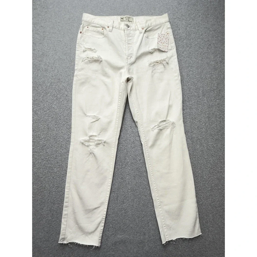 Free People Straight Jeans Womens 29 Worn White High Rise Distressed Raw Hem